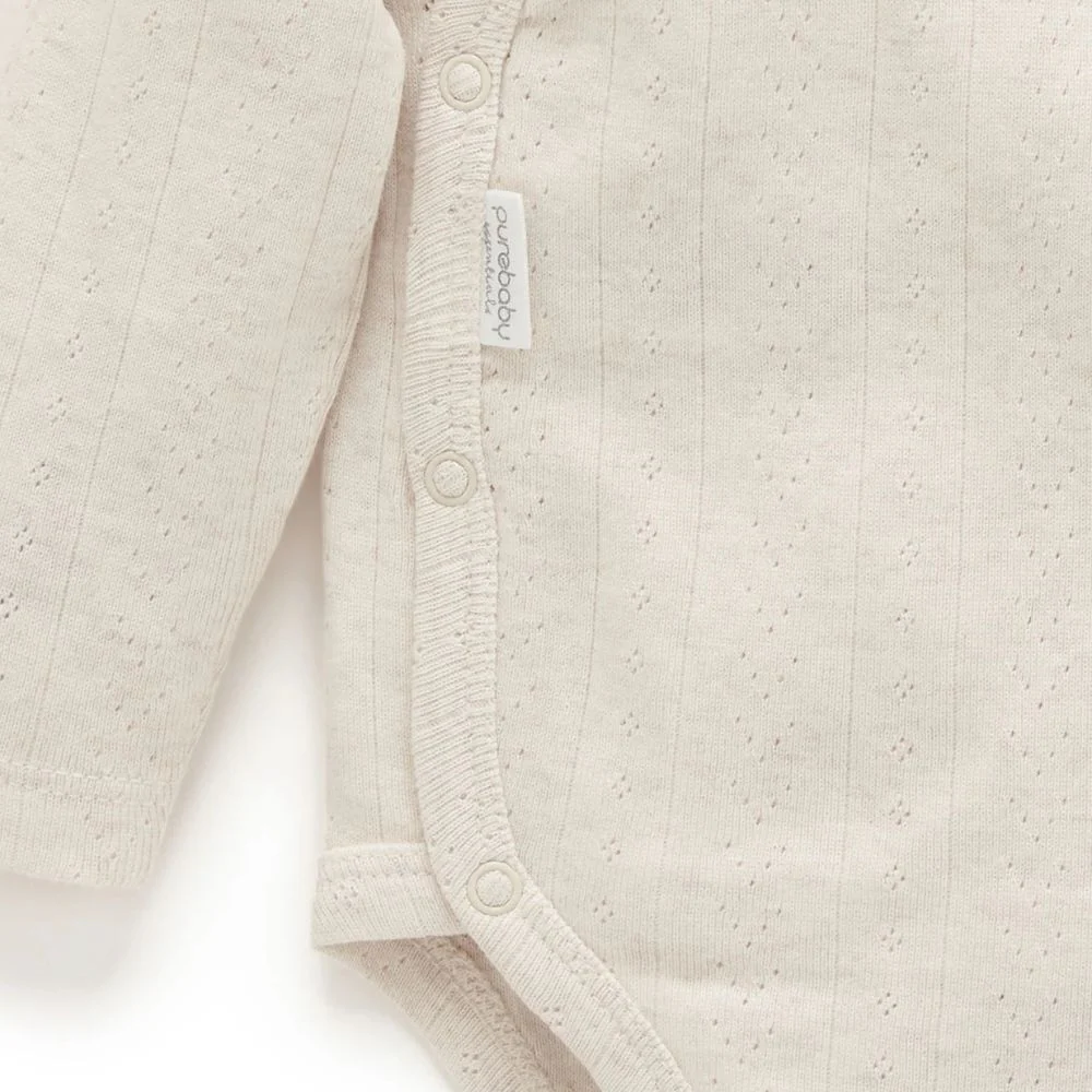 Purebaby Pointelle Long Sleeve Wrap Bodysuit - Wheat Melange - Image 5