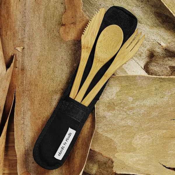 Rechusable Bamboo Cutlery Set with Case for Lunch Boxes - Black - Image 2