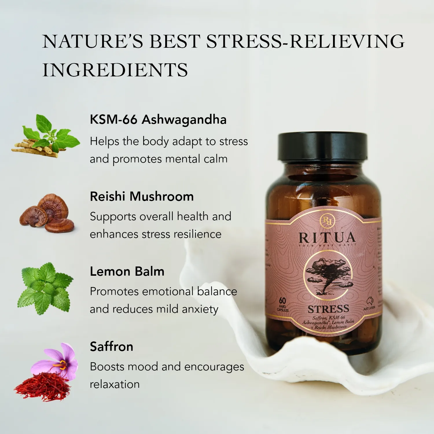 Ritua STRESS Saffron Ashwagandha LemonBalm Reishi 60 Caps - Image 2