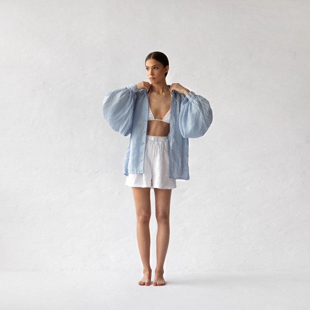 Seaside Tones Linen Boho Shirt - Light Blue - Image 4