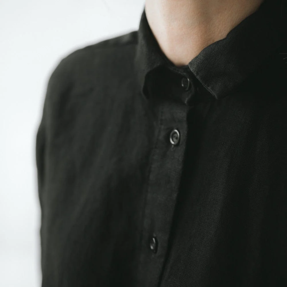 Seaside Tones Linen Long Sleeve Shirt - Black - Image 3