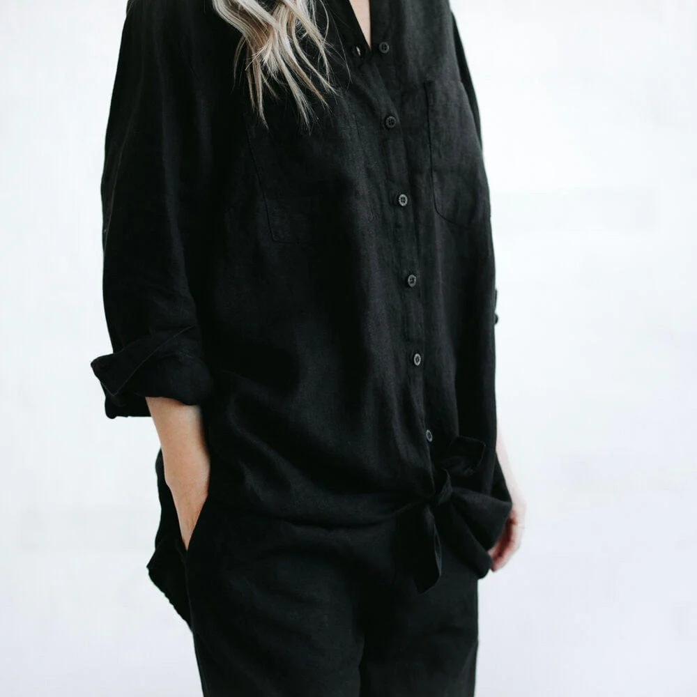 Seaside Tones Linen Boyfriend Shirt - Black - Image 5