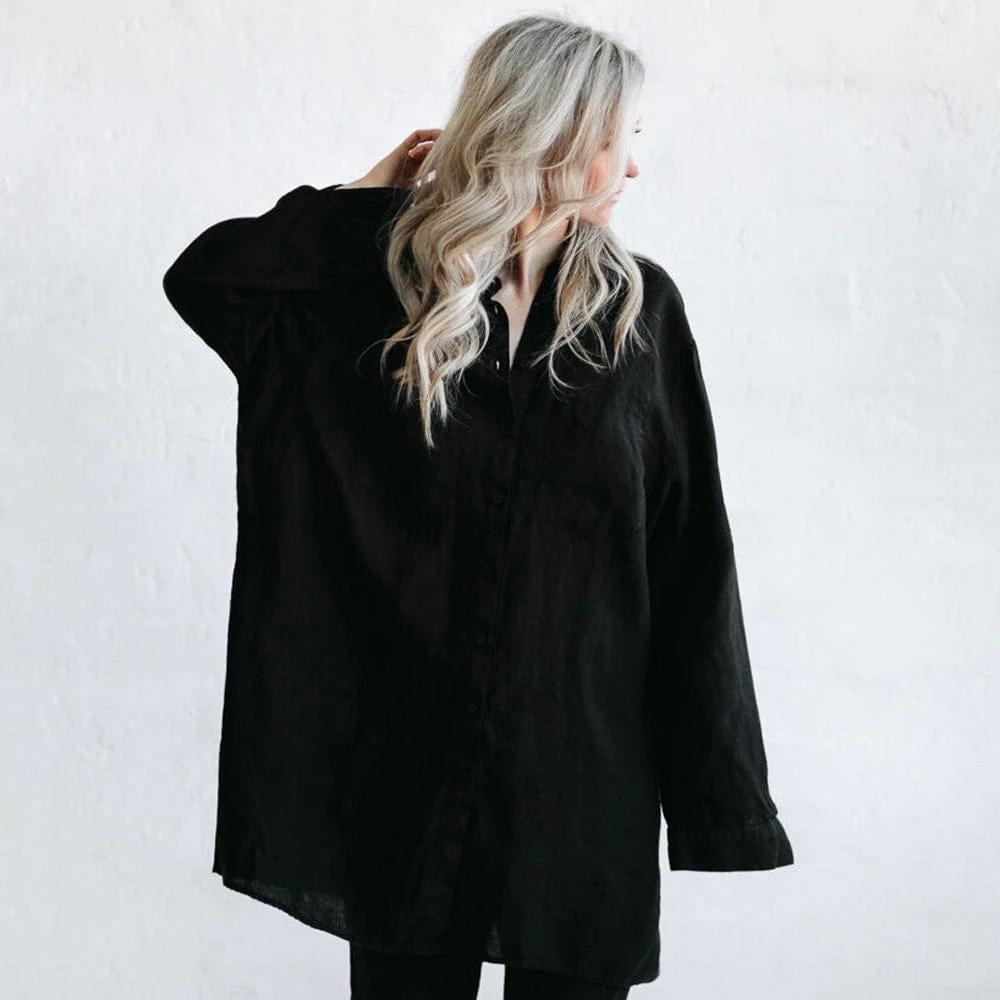 Seaside Tones Linen Boyfriend Shirt - Black - Image 6