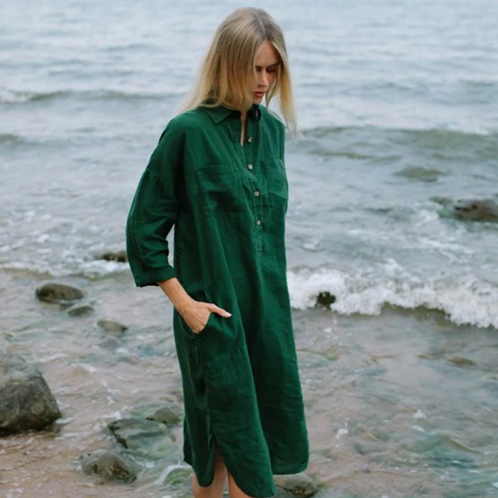 Seaside Tones Linen Shirt Dress - Green - Image 2