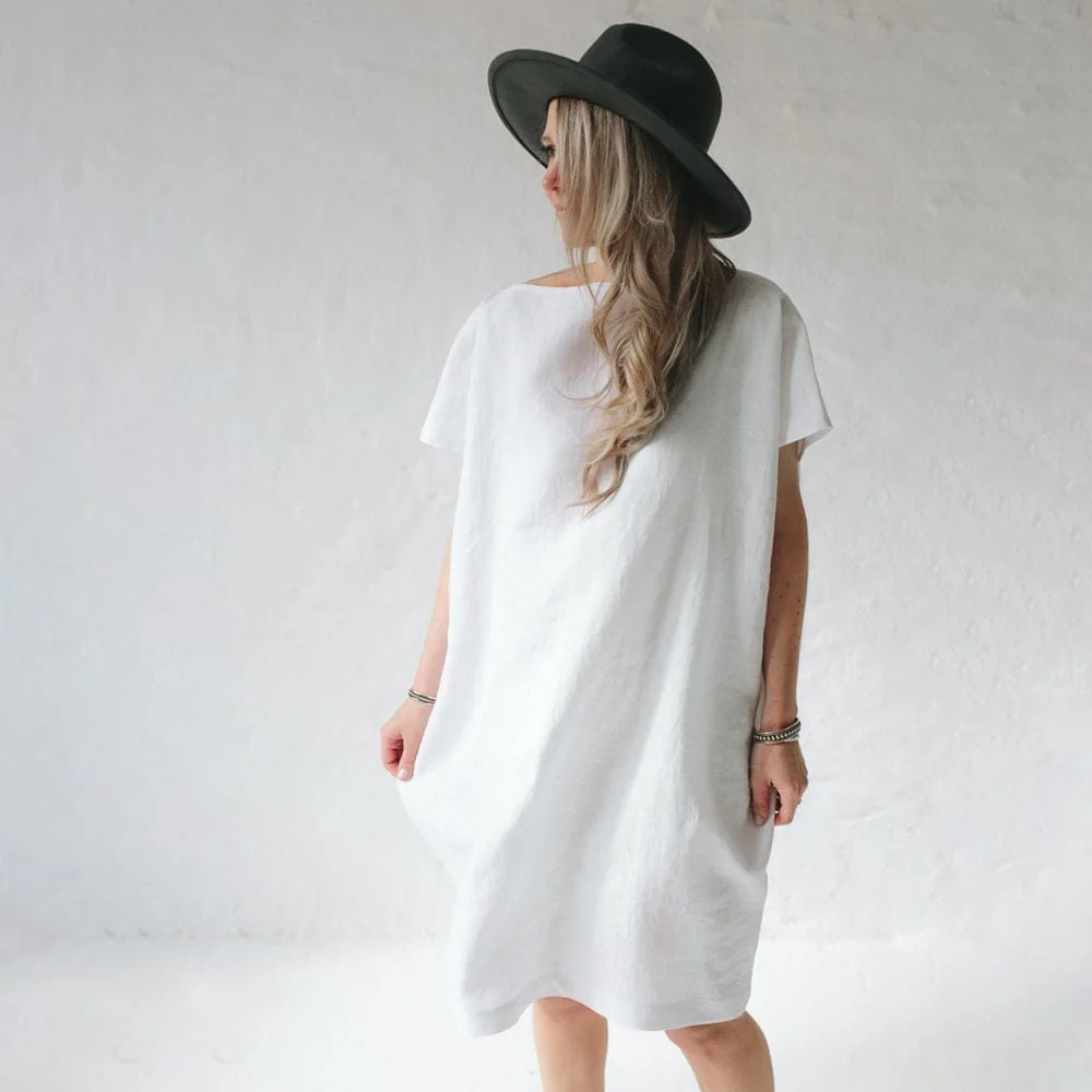 Seaside Tones Short Square Linen Dress - White - Image 3
